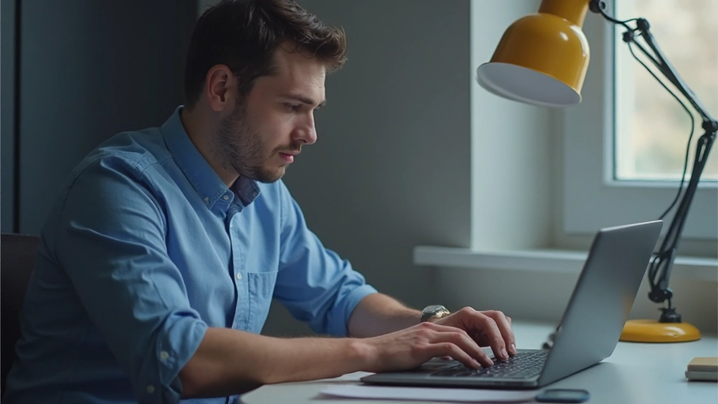 Profissional trabalhando em laptop em ambiente de escritório moderno