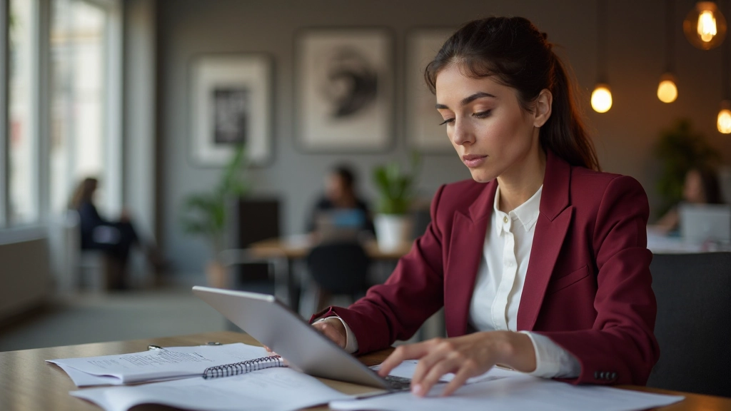 Pessoa consultando tablet enquanto revisa documentos de negócios